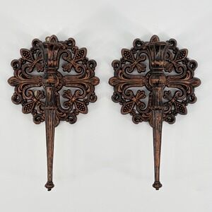 Dart Industries Wall Sconce Candle Holders Bronze Filigree Cross Vintage Decor